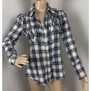 SEVEN7 Pleated Ruffle Blue Plaid Pearl Snap Button‎ Front Long Sleeve Top Medium